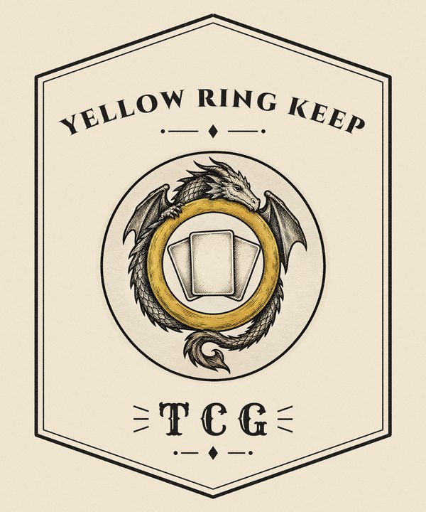 Yellow Ring Keep badge: a dragon coiled around a gold ring of cards